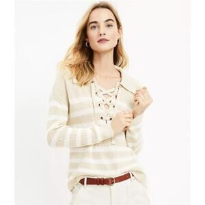 LOFT NEW Tan & White Striped Lace-Up V-Neck Collared Sweater Women's Small